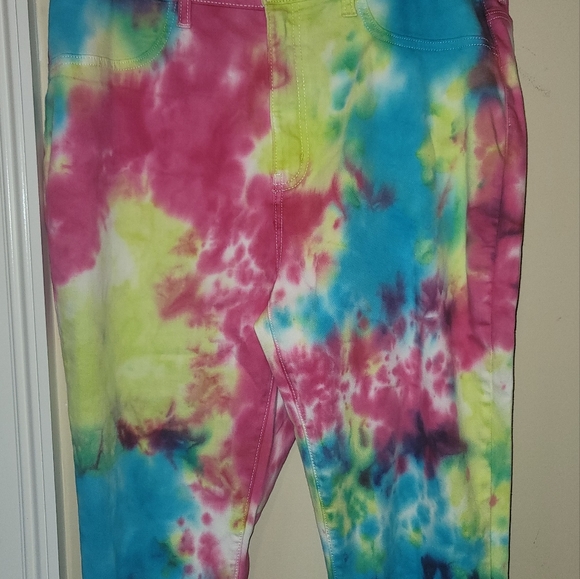 NWT Fashion Nova Pink Yellow Blue Tie Dye Denim High Rise Pants Jeans - Picture 10 of 16